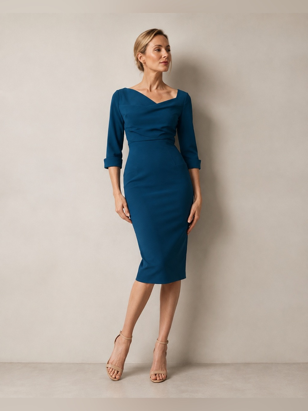 Black Halo 3/4 Sleeve Jackie O in Blue Stretch Sheath Dress 6